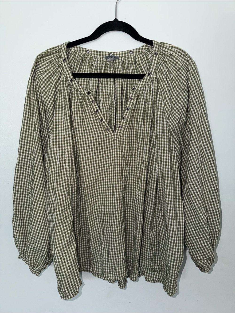 aerie Olive and White Gingham V-Neck Peasant Top